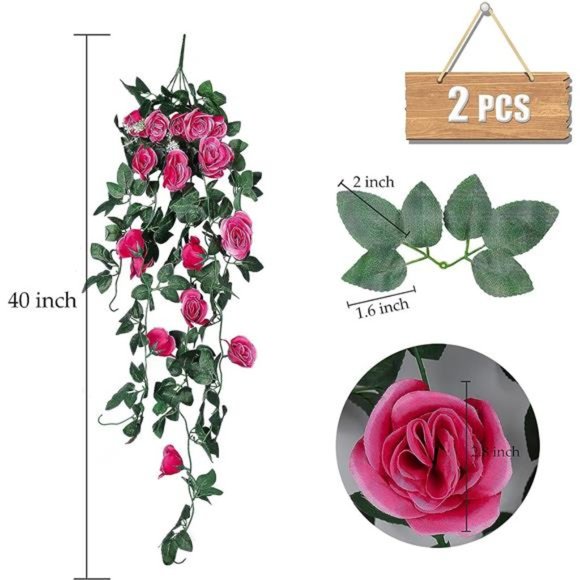 2PCS Artificial Hanging Flowers 3.3Ft Artificial Rose Vine Hanging Plants - Picture 3 of 6